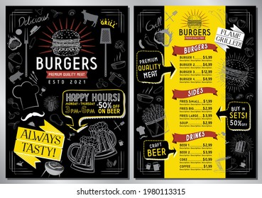 Burger bar menu template - A4 card (burgers, sides, drinks)