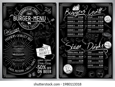 Burger Bar Menu Template - A4 Card (burgers, Grill, Sides, Drinks)