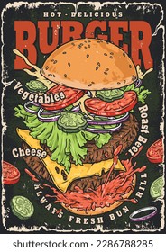 Burger bar vintage poster colorful with exploding hamburger with roast beef and cheese for promo fast food cafe vector illustration