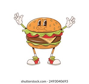 Burger bbq barbeque cartoon groovy character. Isolated vector cheerful hamburger fast food personage wearing sneakers, stands with arms raised in a welcoming gesture, expressive eyes and happy smile