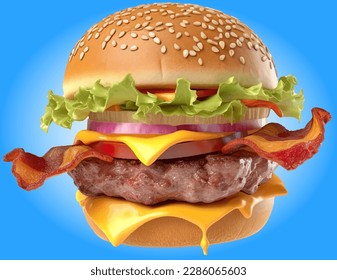 Burger with beef and bacon, craft burger, cheese bur, vegetables and tomato, oil paint, digital paint, on white background. Street food, take-away. Fast food hand drawn digital illustration.