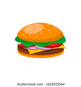 Burger with beef, cheese, lettuce, tomato, cucumber and onion in flat style.  American food.  Fast food menu. Cartoon vector illustration.