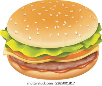 Burger with beef, cheese, vegetables and tomato, oil paint, digital paint, digital graphics on white background. Street food, take-away, take-out. Fast food hand drawn digital illustration. Graphic cl