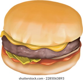 Hamburguesa con carne de res, hamburguesa artesanal, queso, verduras y tomate, pintura al óleo, pintura digital, sobre fondo blanco. Comida callejera, comida para llevar, comida para llevar. Ilustración digital de comida rápida a mano.