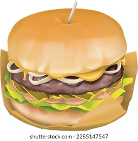 Burger with beef, craft burger, cheese, vegetables and tomato, oil paint, digital paint, on white background. Street food, take-away, take-out. Fast food hand drawn digital illustration.