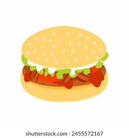 Hamburguesa con chuleta de ternera, tocino cortado, ketchup, salsa de mayo, rodajas de tomate fresco y hoja de ensalada. Icono en estilo plano de dibujos animados. Ilustración vectorial aislada sobre fondo blanco. Para el menú, póster, infografía