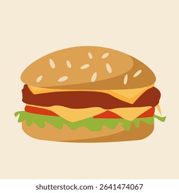 Burger with beef patty, cheese, lettuce, and tomato in a sesame bun. Simple flat design. Suitable for street food, fast food, and menu decorations designs