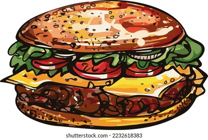 Burger with beef patty. Modern flat vector drawing. Close-up of a homemade hamburger with ketchup splashes, isolated
