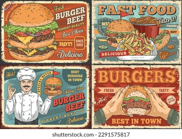 Burger beef set posters colorful with cook who invites to eat hamburger at fast food restaurant or cafe vector illustration