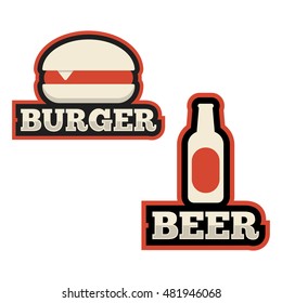 Burger and beer. Flat vector icon, logo, logotype, symbol, mark design illustration on white background. For cafe or restaurant fast food.
