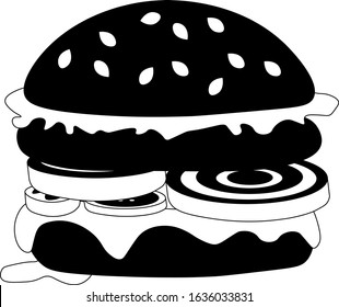 Burger with big cutlet, green leaf lettuce, onion circle, tomato, cucumber and jalapenos. Food illustration in doodle style. Black and white  icon for print for restaurant menu and paper napkin.