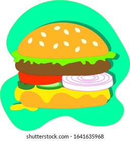 Burger with big cutlet, green leaf lettuce, onion circle, tomato, cucumber and jalapenos. Food illustration in flat and doodle style. Colorful icon for print for restaurant menu and paper napkin.