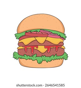 burger big double beef patty doodle color vector illustration