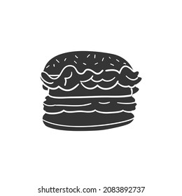 Burger Big Icon Silhouette Illustration. Hamburger Food Vector Graphic Pictogram Symbol Clip Art. Doodle Sketch Black Sign.