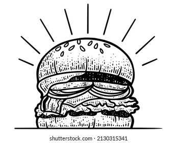 Burger. Big sandwich. Line art sketch picture. Hand drawn.