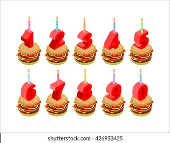 Burger and birthday candles numbers set. Holiday sandwich isometrics. Fast food for high day. date cartoon style. rooms for birthday

