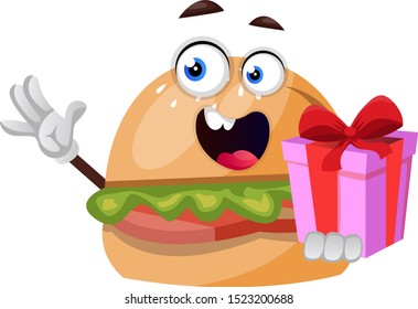 Burger con regalo de cumpleaños, ilustración, vector sobre fondo blanco.