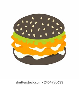 Burger with black bun, double chicken cutlets with sauce and fresh lettuce leaf icon in cartoon flat style. Vector illustration isolated on white background. For menu, poster, infographic, restaurant. svg
