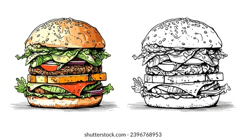 Burger black and colored vector illustration 