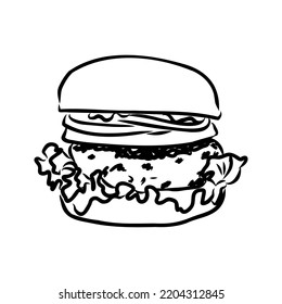 Burger black outline sketch. Vintage style. Vector illustration.