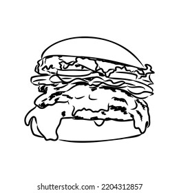 Burger black outline sketch. Vintage style. Vector illustration.