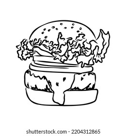 Burger black outline sketch. Vintage style. Vector illustration.