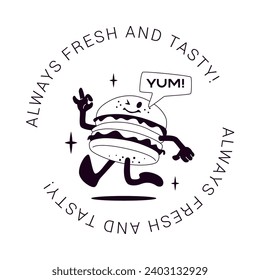 Diseño de insignias en blanco y negro de hamburguesa. Mascota de dibujos retro con burbuja de habla en círculo de texto. Diseño de logotipo vectorial para comida rápida café o menú de restaurante.