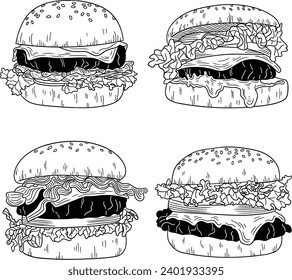 Burger black and white lineart in white background. Good for object fast food, textile, wrapping paper, package, restaurant or cafe, menu, banners, wallpaper, etc
