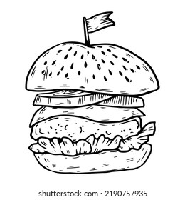 Burger black and white lineart drawing illustration. Hand drawn lineart illustration in black and white