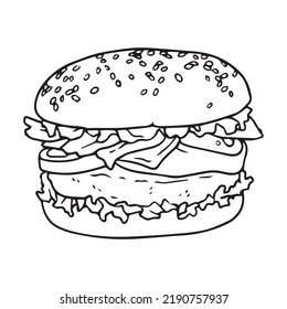 Burger black and white lineart drawing illustration. Hand drawn lineart illustration in black and white