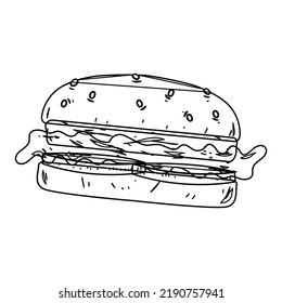 Burger black and white lineart drawing illustration. Hand drawn lineart illustration in black and white