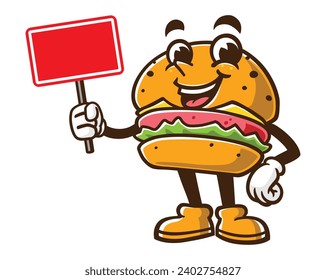 Burger with blank sign board cartoon mascot illustration character vector clip art