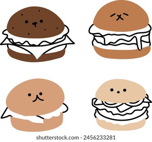 Burger Bliss Vector: Cute and Simple Brown Tone Food Illustration with Minimalist Emoticon | Creative Projects