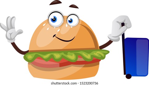 Burger con maleta azul, ilustración, vector sobre fondo blanco.