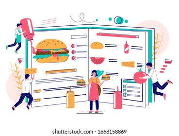 Burger book and chefs cartoon characters cooking big delicious hamburger, vector flat illustration. Fast food restaurant cooks in uniform preparing and serving tasty snack food, burger with cheese.