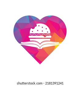 Burger Buch Herz-Form-Logo Design Vektor. Bücher und Burger-Café-Logo einzeln auf Vektorgrafik