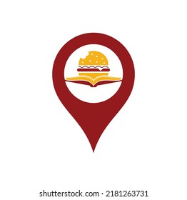 Burger book map pin shape concept logo design vector. Books and Burger Cafe Logo Isolated Vector