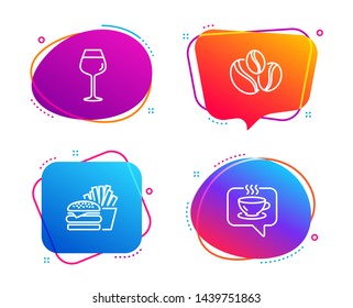 Burger, Bordeaux glass and Coffee-berry beans icons simple set. Coffee sign. Cheeseburger, Wine glass, Coffee beans. Cafe. Food and drink set. Speech bubble burger icon. Colorful banners design set