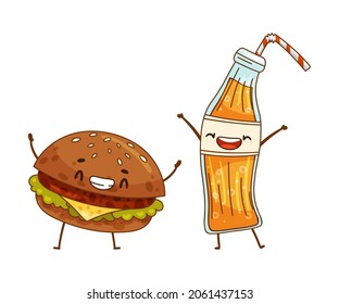 Burger and bottle of soda drink characters having fun together. Perfect couple, friends forever cartoon vector illustration