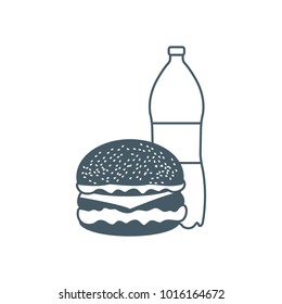 Burger and bottle of soda water. Harmful eating habits. Design for banner and print.