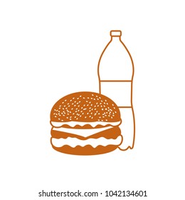 Burger and bottle of soda water. Harmful eating habits. Design for banner and print.