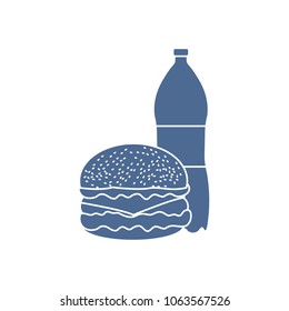 Burger and bottle of soda water. Harmful eating habits. Design for banner and print.