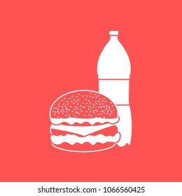Burger and bottle of soda water. Harmful eating habits. Design for banner and print.