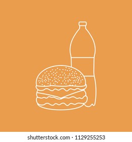 Burger and bottle of soda water. Harmful eating habits. Design for banner and print.