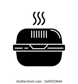 Burger box black glyph icon. Fast food takeout container. Takeaway thermo packaging. Plastic lunchbox for hot meal, hamburger. Silhouette symbol on white space. Vector isolated illustration