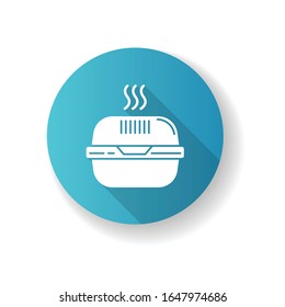 Icono de glifo de sombra larga de diseño plano azul de la caja de hamburguesas. Recipiente para comida rápida. Sacar el envase termo. Almuerzo de plástico para comida caliente, hamburguesa. Ilustración de color RGB de silueta