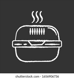 Burger box chalk white icon on black background. Fast food takeout container. Takeaway thermo packaging. Plastic lunchbox for hot meal, hamburger. Isolated vector chalkboard illustration