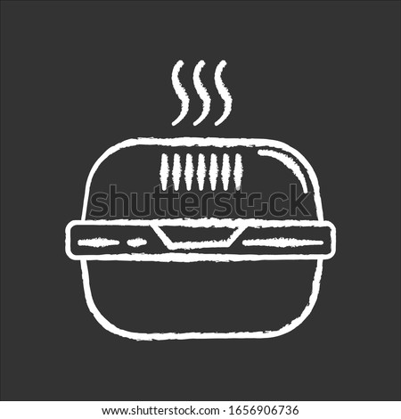 Burger box chalk white icon on black background. Fast food takeout container. Takeaway thermo packaging. Plastic lunchbox for hot meal, hamburger. Isolated vector chalkboard illustration