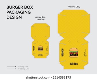 Diseño de caja de hamburguesa, diseño de Plantilla de empaquetado de caja de hamburguesa, línea troquelada de caja de hamburguesa, lista para imprimir.