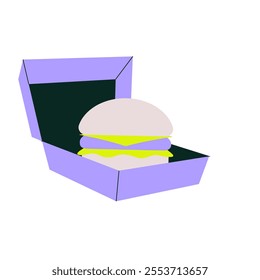 Burger In Box In Flat Vector Illustration Symbolizing Fast Food, Takeout Meals, And Modern Dining, Isolated On White Background.